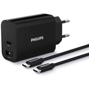 Nabíječka do sítě Philips 1x USB-C, 1x USB A + USB-C kabel 1m (DLP2621C/12) Black / Černá