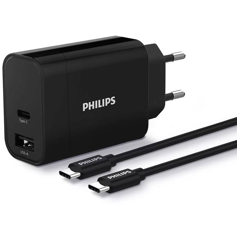 Nabíječka do sítě Philips 1x USB-C, 1x USB A + USB-C kabel 1m (DLP2621C/12) Black / Černá