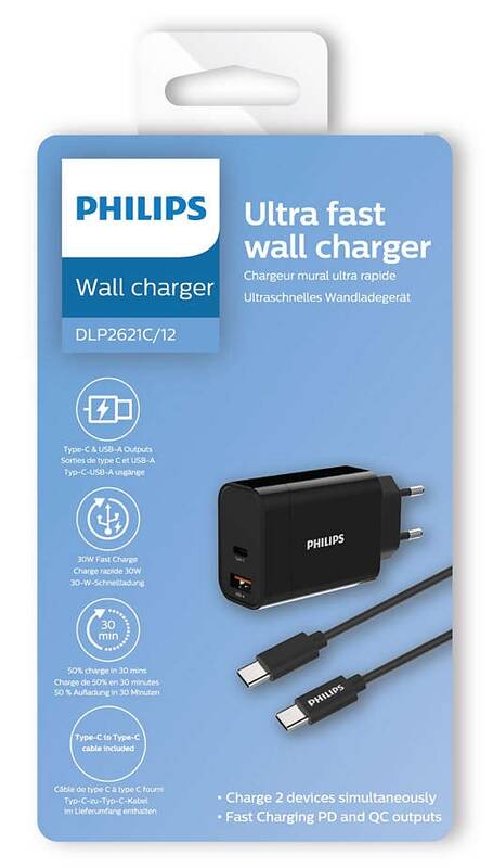 Nabíječka do sítě Philips 1x USB-C, 1x USB A + USB-C kabel 1m (DLP2621C/12) Black / Černá - Obrázek 2