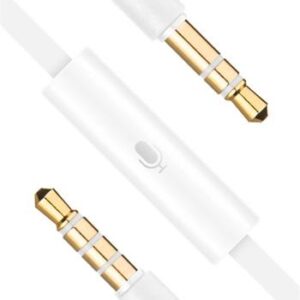 Plochý audio AUX kabel FIXED s konektory 2 x 3,5 mm jack s mikrofonem bílý