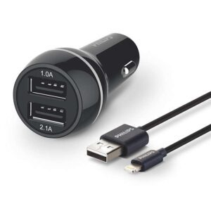 Adaptér do auta Philips DLP2357V, 2x USB, 3.1A + Lightning kabel, černá