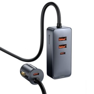 Baseus Rychlá Nabíječka do Auta s Prodlužovacím Kabelem 120W 3x USB +1xUSB-C Gray