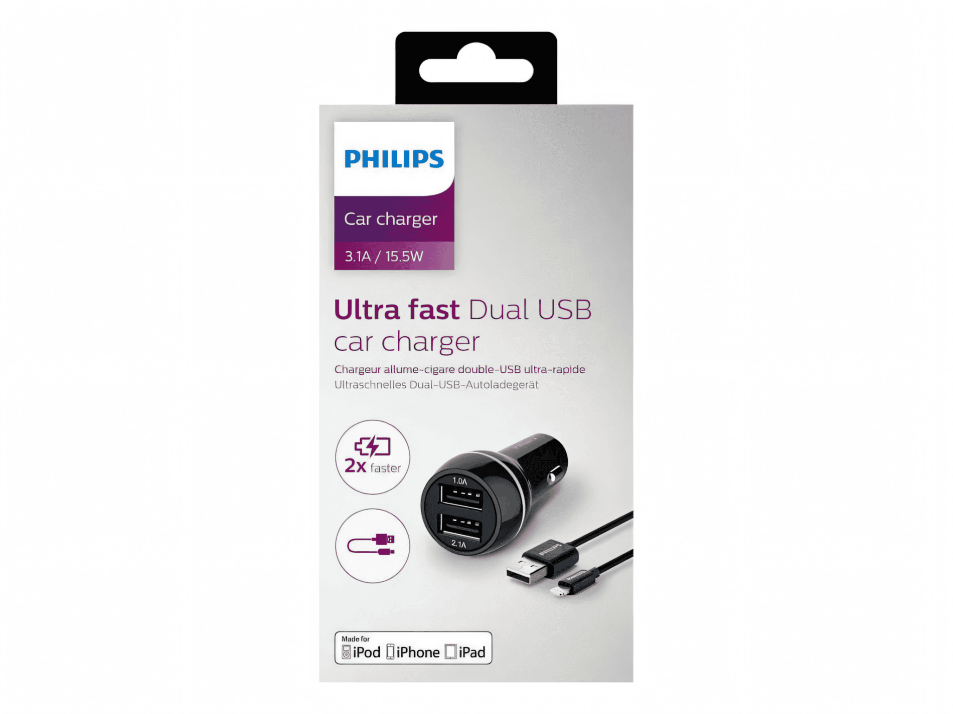Adaptér do auta Philips DLP2357V, 2x USB, 3.1A + Lightning kabel Black - Obrázek 2